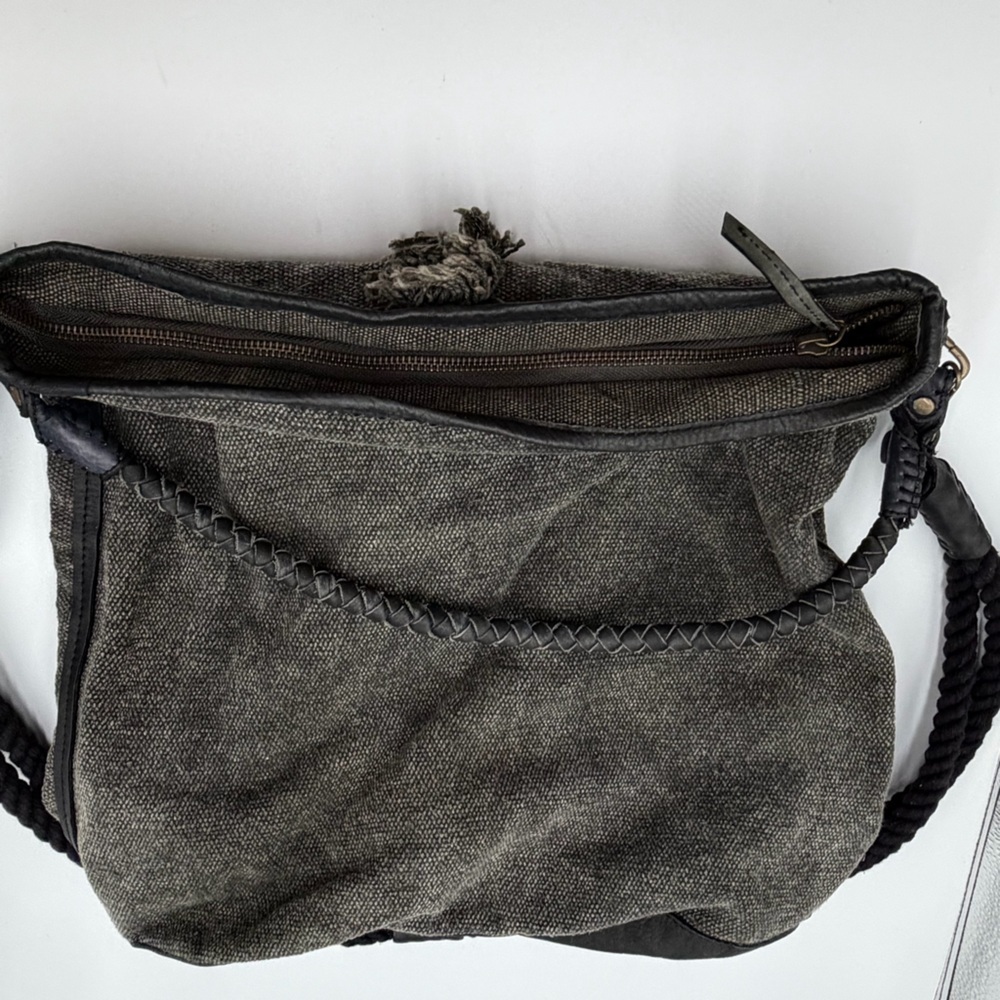 Free People Canvas Leather Grey Black Bohemian Fringed Slouchy Crossbody Bag - Picture 5 of 8